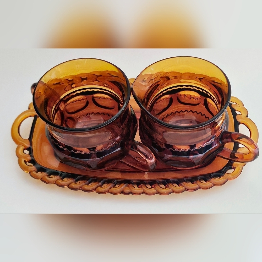 Indiana Glass King's Thumbprint Amber Creamer and Sugar set with Tray